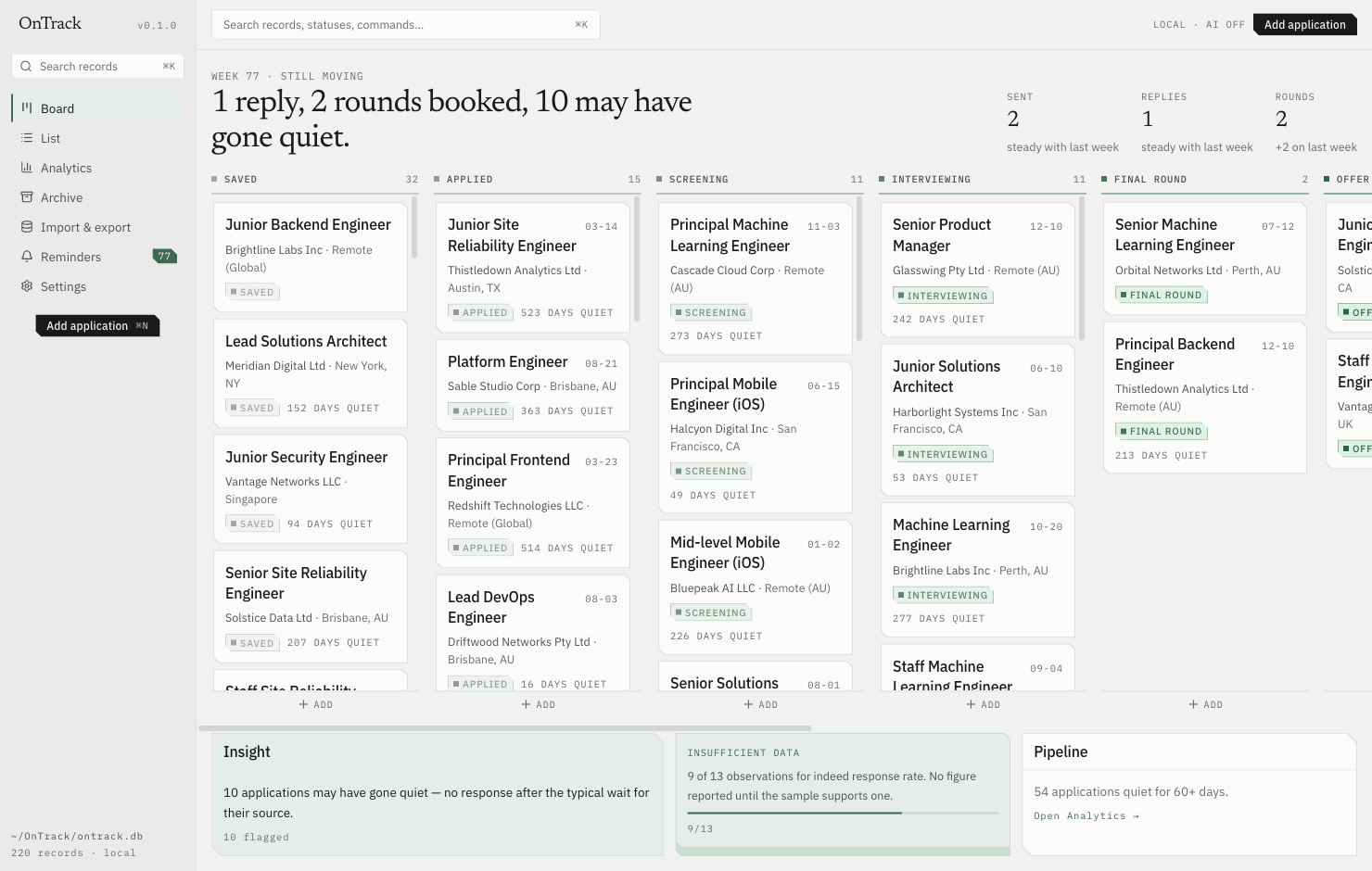 Board view in the OnTrack desktop app