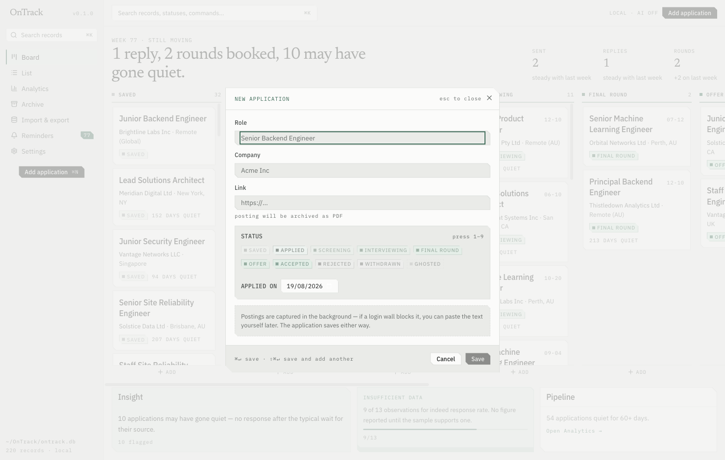Quick add view in the OnTrack desktop app