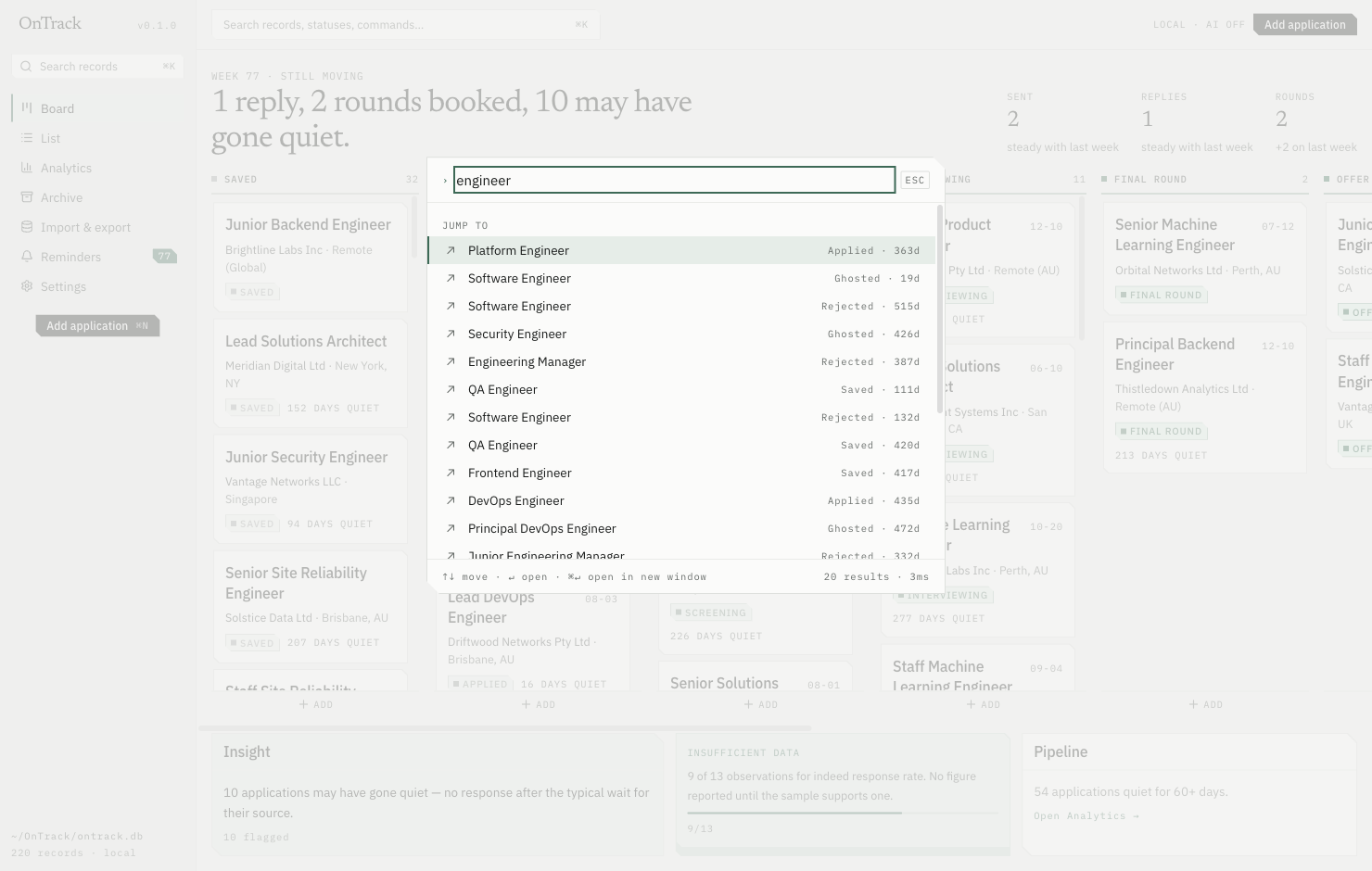 Commands view in the OnTrack desktop app