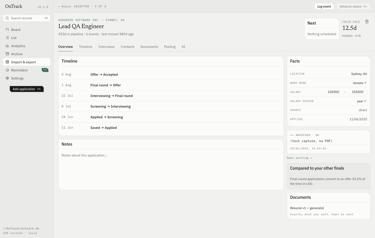 Application detail view in the OnTrack desktop app